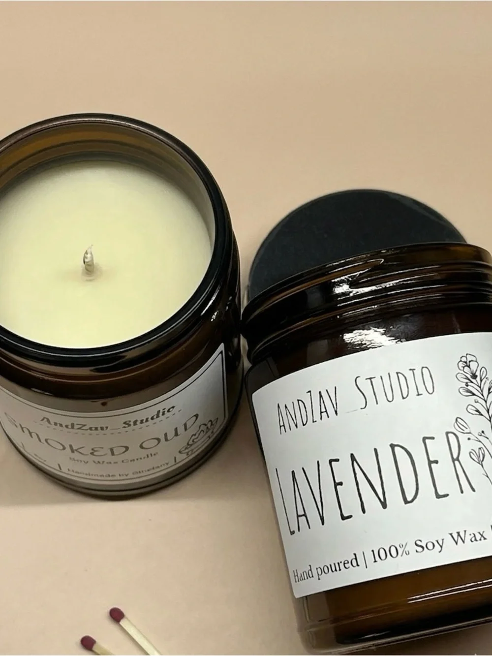 Pack of 2 Handmade Candles, Lavender Soy Wax & Smoked Oud Soy Wax - Amber Jar.